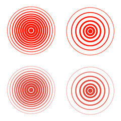 Set of red pain rings. Symbol of growing physical pain, suffering and body disorder, distress, injury, illness. Vector flat style cartoon illustration isolated on white background