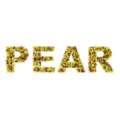 Written word pear from real different pear varieties on a white background