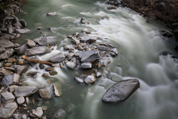 Water flowing over rocks in slow motion