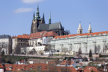Spring Prague gothic Castle with the Lesser Town above River Vltava in the sunny Day, Czech Republic