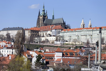 Spring Prague gothic Castle with the Lesser Town above River Vltava in the sunny Day, Czech Republic