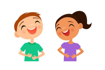 Vector illustration of two children laughing - obrazy, fototapety, plakaty