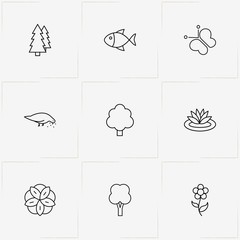 Nature line icon set with dove, butterfly and tree