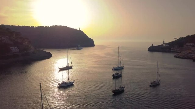 Port de Soller aerial view, Majorca. Mediterranean sea.