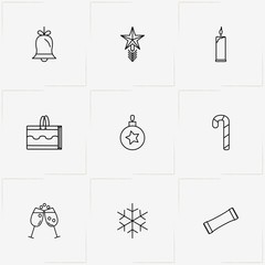 New Year line icon set with gift bag , christmas bell  and christmas tree toy