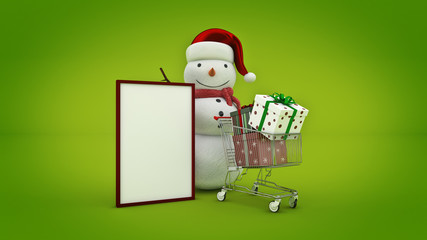 Snowman with santa hat and shopping cart