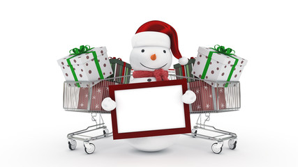 Snowman with santa hat and shopping cart