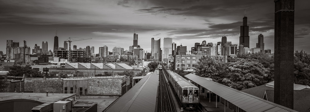 Chicago Skyline from the west side with the train