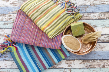 Turkish bath set with peshtemals, sponge, natural soap, and scrubber brush