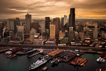 Fototapeta na wymiar Downtown Seattle At Sunrise From A Helicopter Over Puget Sound