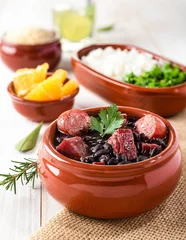Photo sur Plexiglas Plats de repas Feijoada (bean stew) - Brazilian Traditional Food (Dry Beef, Cabbage, Orange, Rice, Beans)
