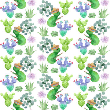 Watercolor Cameleons And Cacti Pattern