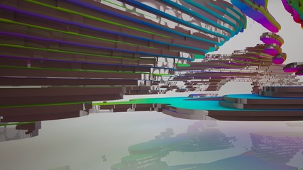 Fototapeta na wymiar Abstract white and colored gradient interior multilevel public space with window. 3D illustration and rendering.