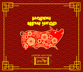 2019 chinese new year greeting card with traditionlal pattern background. Year of the pig