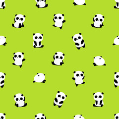 Seamless Vector Pattern: panda bear pattern on light grass background. Small pandas with different gestures.