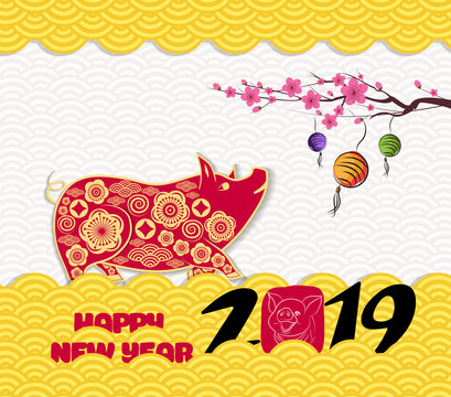 2019 chinese new year greeting card with traditionlal pattern border. Year of the pig