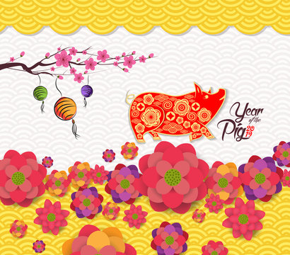 2019 chinese new year greeting card with traditionlal blooming border. Year of pig