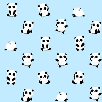 Seamless Vector Pattern: panda bear pattern on light blue background. Small pandas with different gestures.