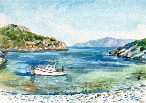 sea bay with boat watercolor