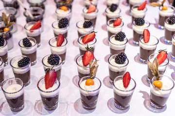 Closeup many dessert jar rowed up on buffet table with fresh fruits jelly and cream