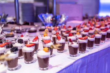 Closeup many dessert jar rowed up on buffet table with fresh fruits jelly and cream