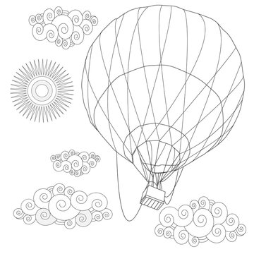 Balloon. Coloring image of hot air balloon in the sky. Vector.