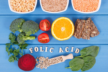 Inscription folic acid with nutritious different ingredients containing vitamin B9 and natural minerals, healthy nutrition concept
