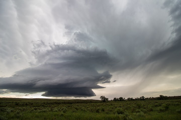 Naklejka na ściany i meble A supercell thunderstorm updraft spirals high into the sky of eastern Colorado in this eerie scene.