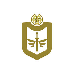 Shield with winged sword and star logo