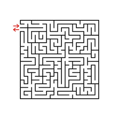 Black square maze with entrance and exit. A game for children and adults. Simple flat vector illustration isolated on white background.