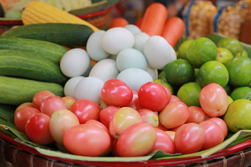 Papaya salad ingredient, raw potatoes, eggs, cucumber and lemon, Thai spicy and diet food.