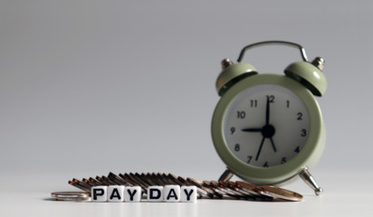 The coins placed in front of the alarm clock and the text 'PAY DAY'