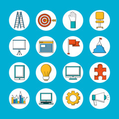 teamwork concept stickers tools technology devices dart game gear flag puzzle vector illustration