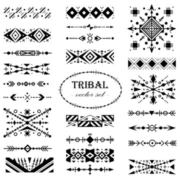 Black-and-white vector tribal set of design elements. Brush set.