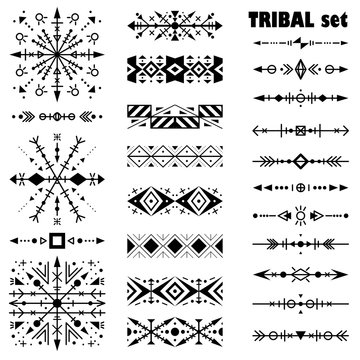 Black-and-white ethnic vector set. Brush set in tribal style.