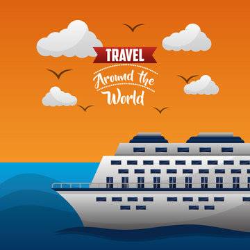 travel around the world sea cruise clouds birds flying vector illustration