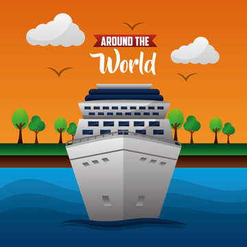 travel around the world trees sea cruise clouds birds vector illustration