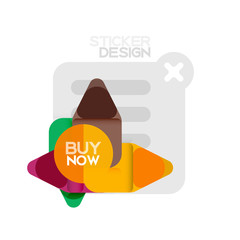 Flat design triangle arrow shape geometric sticker icon, paper style design with buy now sample text, for business or web presentation, app or interface buttons, internet website store banners
