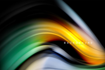 Fluid liquid colors design, colorful marble or plastic wavy texture background, glowing multicolored elements on black, for business or technology presentation or web brochure cover design, wallpaper