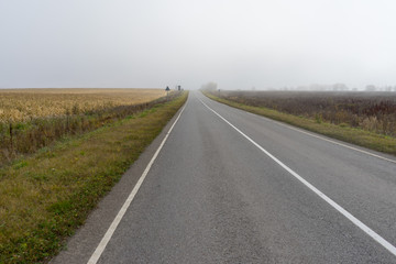 Fototapeta na wymiar Straight modern highway vanishing in horizon in morning fog