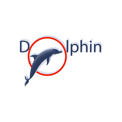 Dolphin hopping through the ring. Emblem, logo, poster. Flat style. Design for postcards, advertising, printing on textiles or paper.