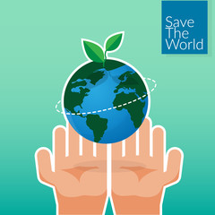 human hands holding Earth, save the world concept. people's volunteer hands planting green globe and tree for saving environment nature conservation and csr corporate social responsibility