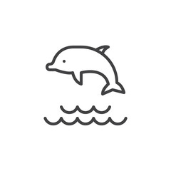 Dolphin jumping in the water outline icon. linear style sign for mobile concept and web design. Playing dolphin in ocean waves simple line vector icon. Symbol, logo illustration. Pixel perfect vector