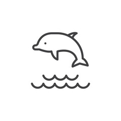 Dolphin jumping in the water outline icon. linear style sign for mobile concept and web design. Playing dolphin in ocean waves simple line vector icon. Symbol, logo illustration. Pixel perfect vector © alekseyvanin
