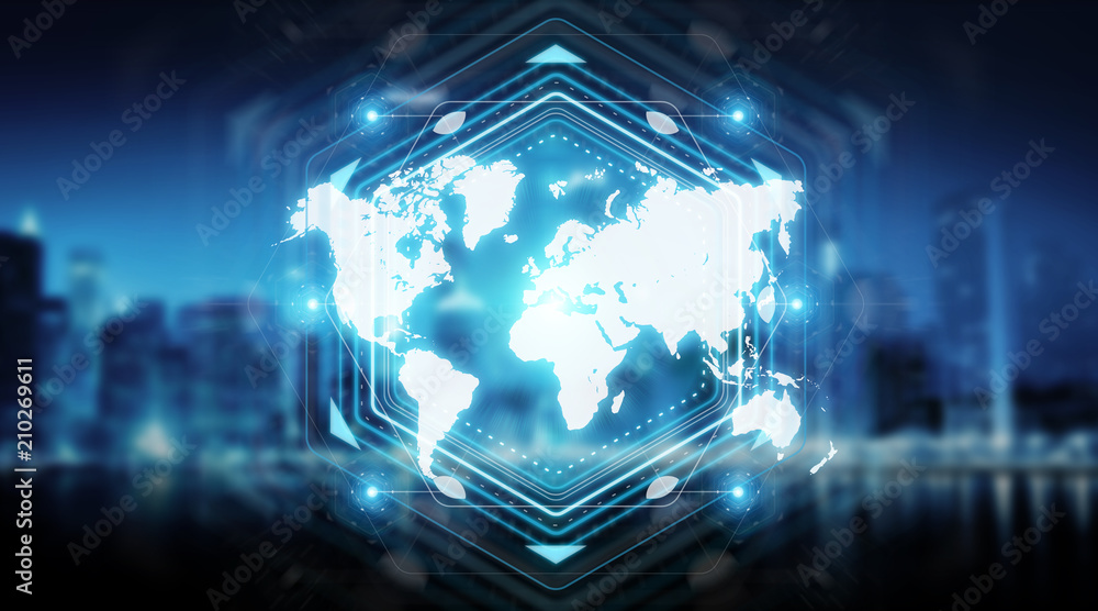 Poster Digital world map screen interface 3D rendering