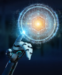 White robot hand using digital sphere connection hologram 3D rendering