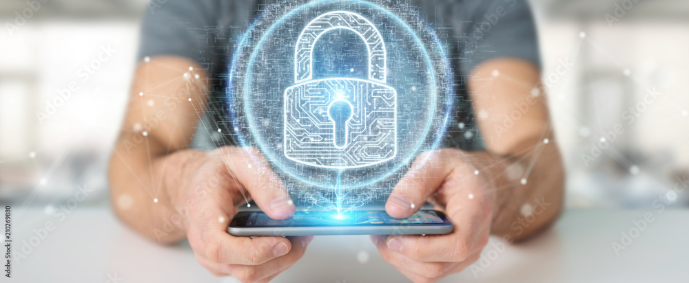 Poster businessman protecting his datas with digital security hologram 3d rendering