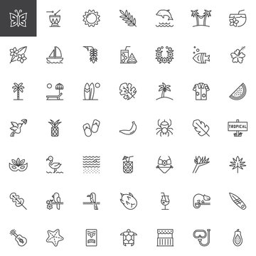 Tropical vacation outline icons set. linear style symbols collection, line signs pack vector graphics. Set includes icons as Cocktail, Yacht ship, Palm tree, Sunbed, Surfboard, Bikini, Hammock, Guitar