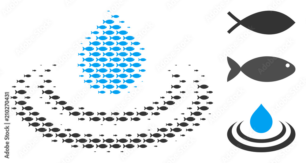 Poster fish drop ripple halftone composition. vector fish items are shaped into drop ripple composition. na