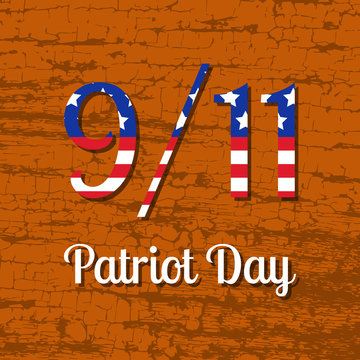Patriot Day in the United States. 11 September. Text with USA flag image. Wood texture background